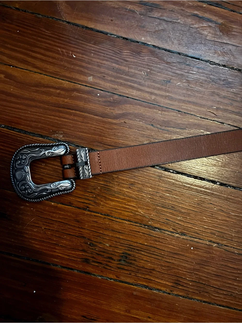 Lucky Brand Brown Leather Belt with Ornate Silver-Tone Buckle